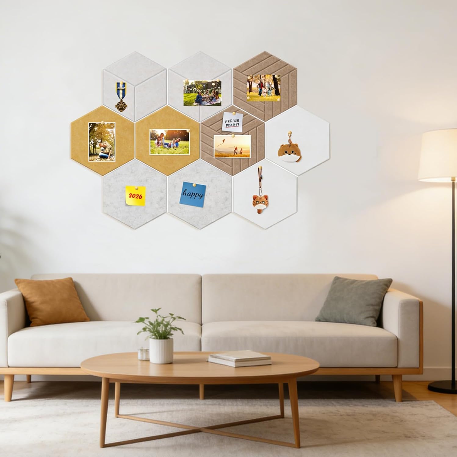 12" Large Hexagon Cork Board Tiles, 10 Pack Frameless Hexagon Cork-Bulletin Board Tiles Adhesive for Office & Home Wall Decor, Removable Hexagonal Tack Pinboard with 30 Push Pins