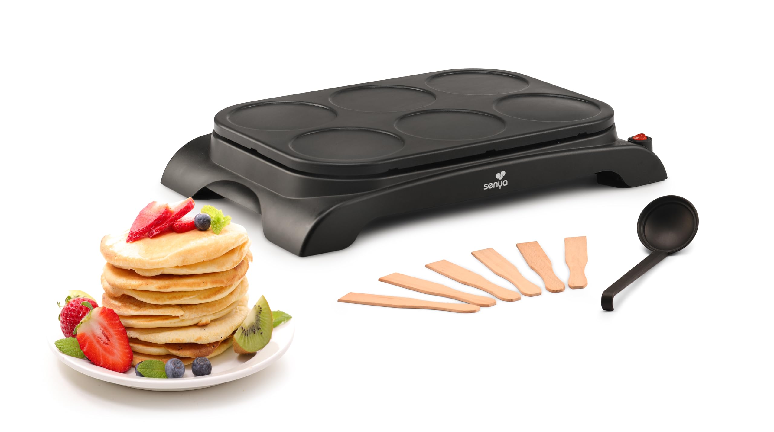 SENYA Crêpière électrique - Machine à crêpes 1000W - Plaque Antiadhésive Ø11,5 cm, Cuisson Rapide, crêpes, pancakes, 6 Spatules Bois + Louche, Mini Crêpe Party Facile à Nettoyer