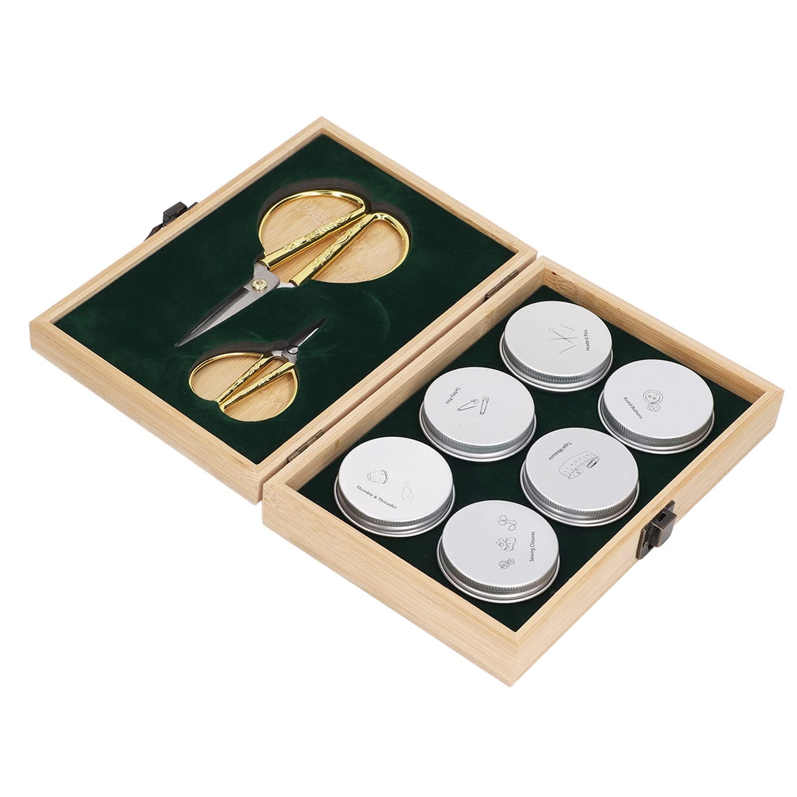 Kit de costura completo de madera con almacenamiento de doble capa, tijeras de acero inoxidable, alfileres, botones, hebillas, dedal, enhebrador y cinta métrica, ideal para