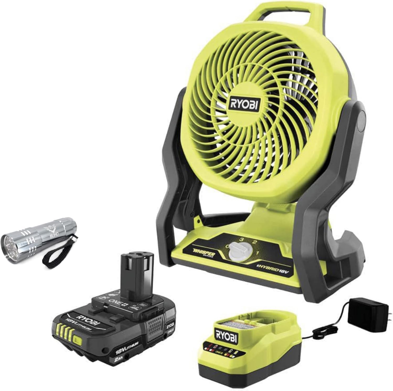 Ryobi Portable Fan Bundle with Ryobi 18V Cordless Hybrid Whisper Series 7-1/2 inch Fan, 2.0 Ah Battery, 18-Volt Charger, Flashlight