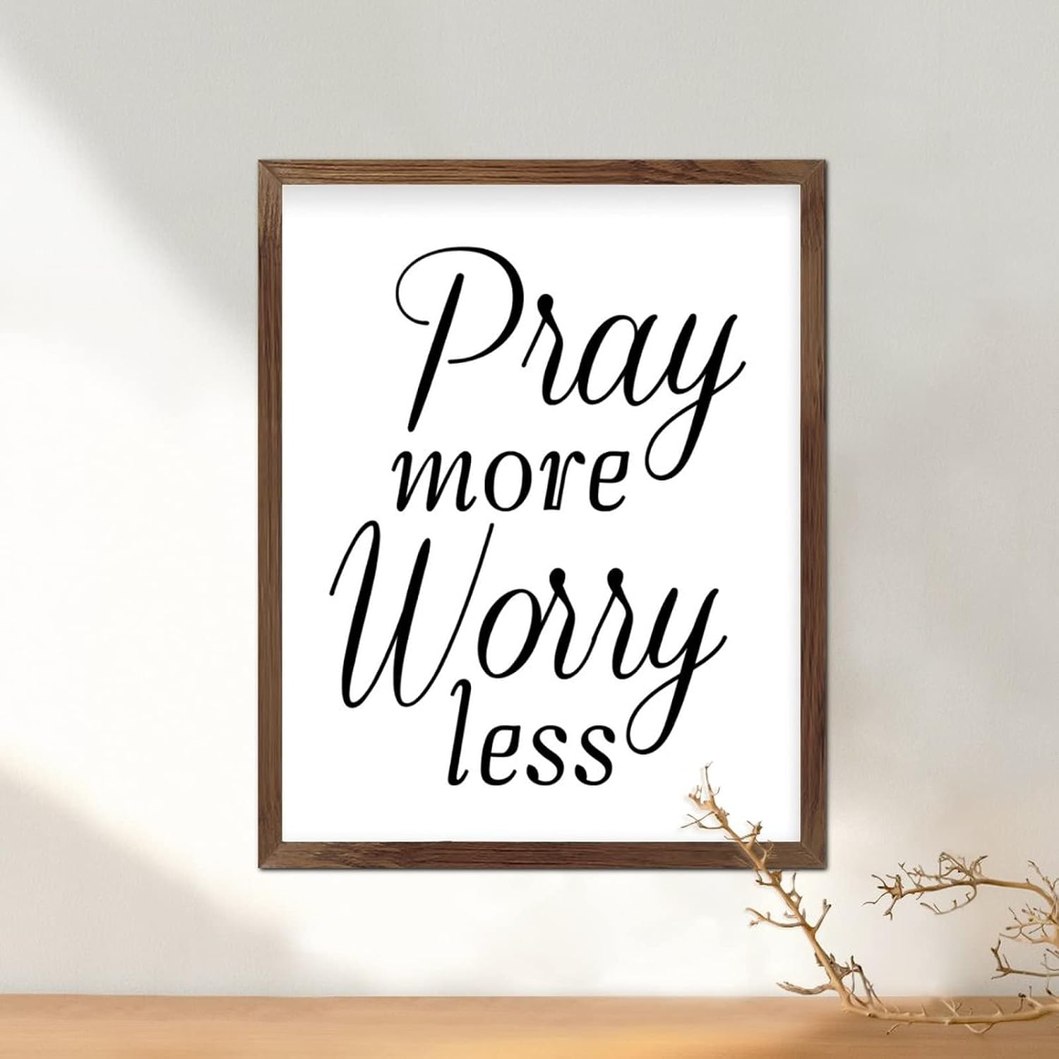 Christian Gift Bible Verse Wall Framed Wood Sign Pray More Worry Less Framed Wood Sign Plaques Rustic Wall Art Decor for Entryway Living Room 20x16in Birthday Housewarming Gift