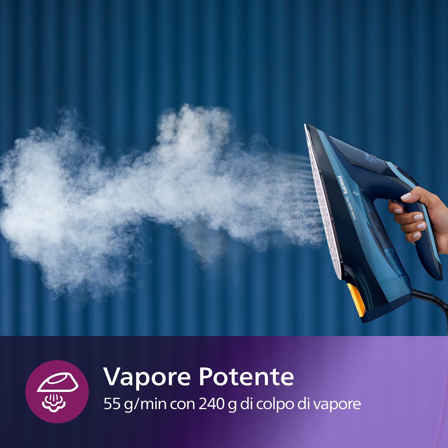 Philips Azur 8000 Ferro da Stiro a Vapore, 3000 W, Colpo Vapore 240g | Serbatoio 350ml, Sistema anticalcare integrato, Tecnologia OptimalTemp - non brucia i tessuti stirabili, Azzurro (DST8020/20)