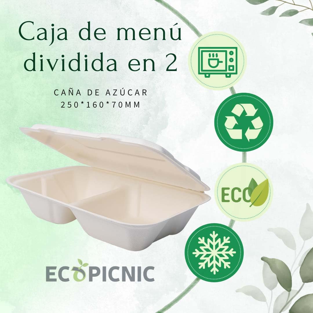 Menubox de Caña de Azúcar con 2 Compartimentos 240x162x61 mm 250 Unidades | Envase desechable Biodegradable para Comidas, Ideal para Llevar, con Compartimentos para Separar