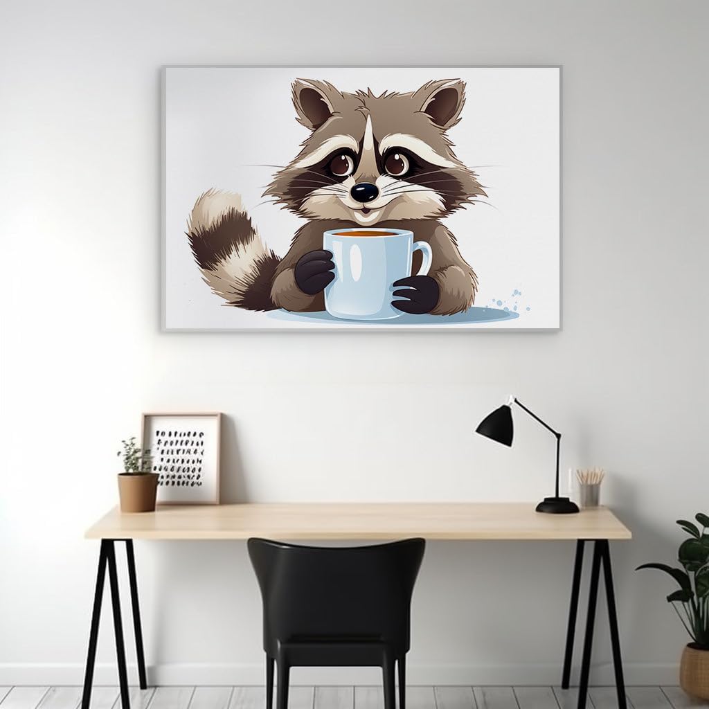 Canvas for Living room. Cuddly Cartoon Raccoon Enjoys Coffee in Warm Comfy Ambiance, 27 x 18 inch Canvas Wall Art - Abstract By Atmosphere - Fun Home Decor