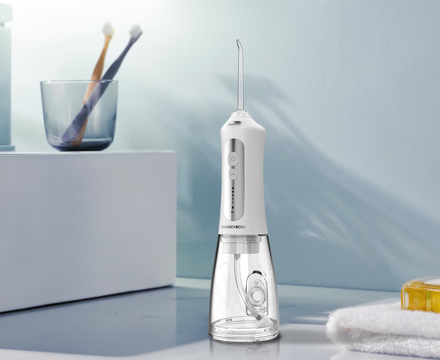 Barberboss Irrigatore orale, Filo interdentale elettrico, Idropulsore d'acqua a 5 modalità per denti, punte a getto intercambiabili, serbatoio da 300 ml, indicatore LED, impermeabile IPX7