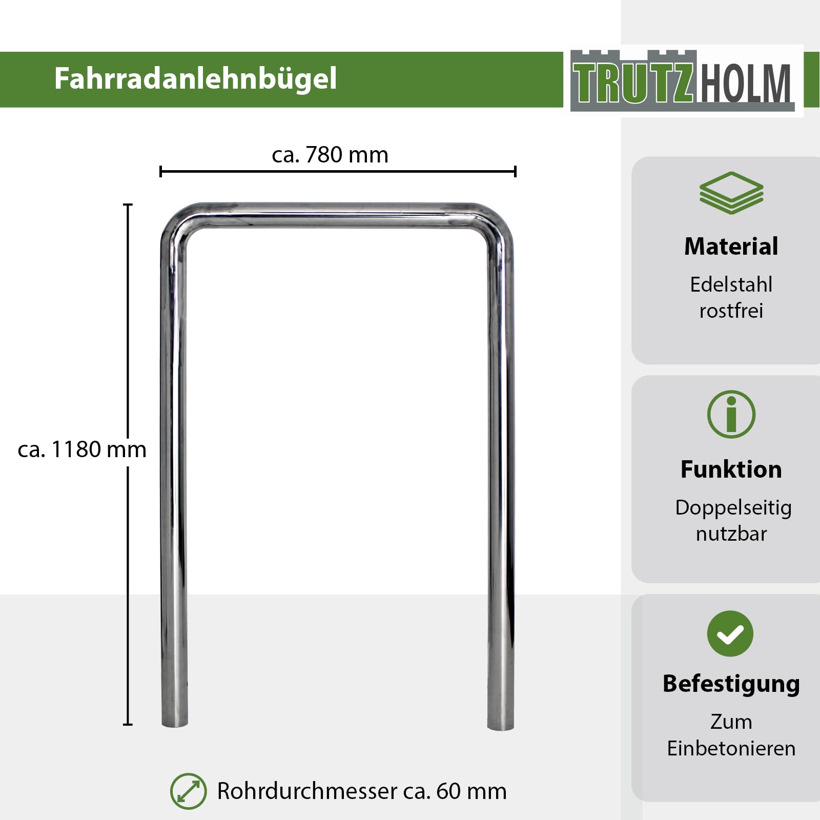 TRUTZHOLM Fahrradanlehnbügel 118x78cm aus Edelstahl zum Einbetonieren Fahrradständer Anlehnbügel Parker inkl. Bodenqueranker für einen stabilen Stand Diebstahlschutz für Fahrräder