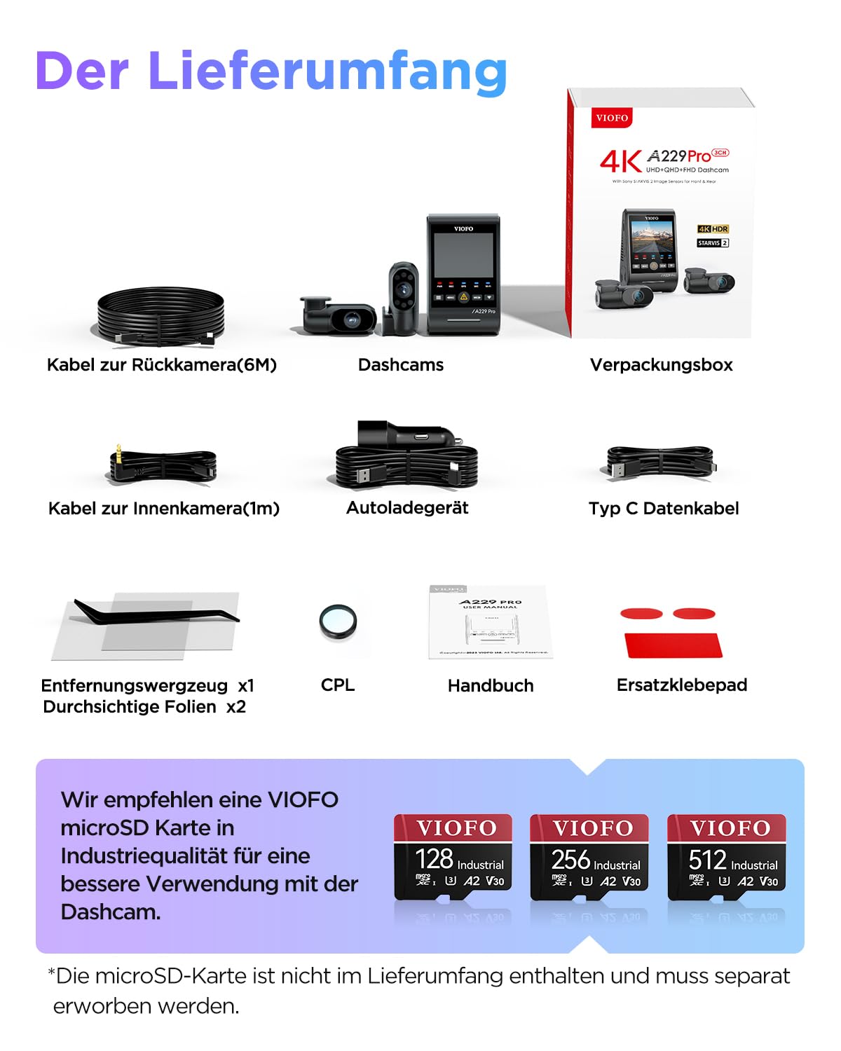 VIOFO A229 Pro 3 Lens 4K + 2K + 1080P Dashcam Auto, Dual STARVIS 2, HDR, Sprachsteuerung, 5GHz Wi-Fi, GPS, Super Nachtsicht 2.0