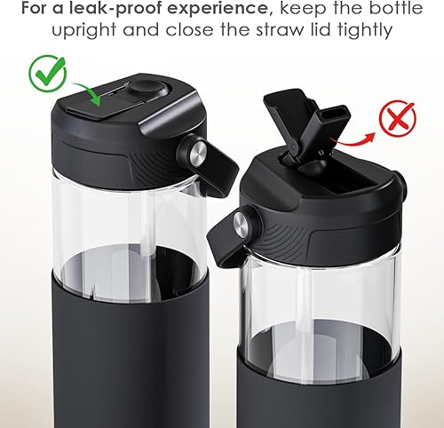 Miniatura 3 de Botella de agua de vidrio con funda de silicona y tapa con popote de 20 onzas para niñas y mujeres, botellas de vidrio para viajes, hogar, gimnasio,