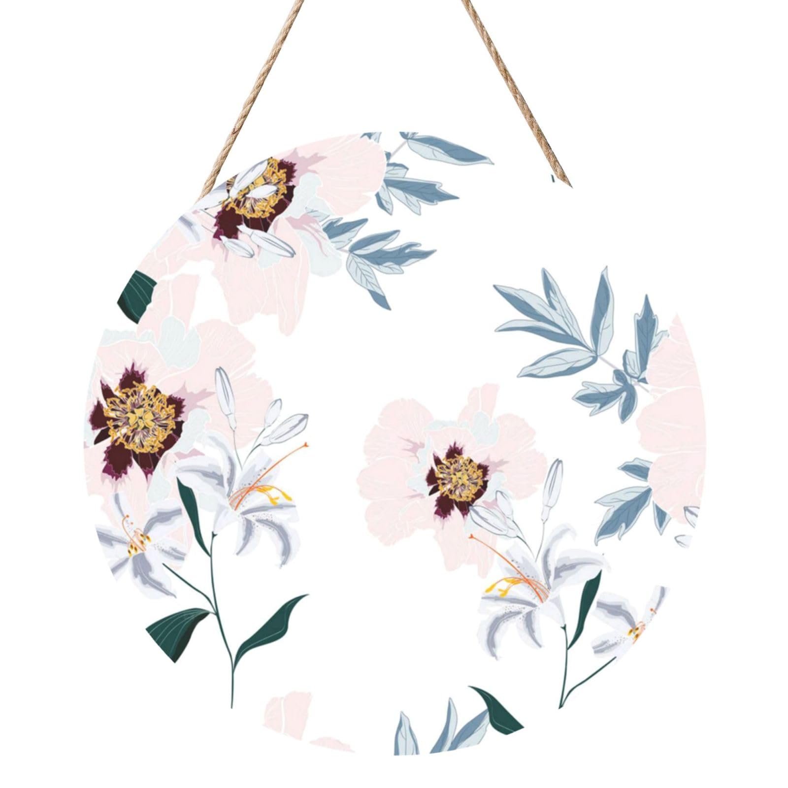 InOmak Floral Pattern Pink Peony Flowers, Round Wood Panel Painting 12 in, Wall Hanging Painting For Home