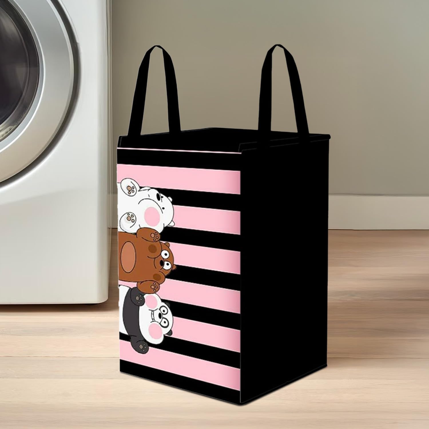 PrettyKrafts 75 L Non Woven Panda Printed Rectangular Foldable Large Laundry Bag/Basket With Lid & Handles, Freestanding Clothes Storage Organizer for Bedroom (36x36x53cm, Pink, Set of 1)-image-1