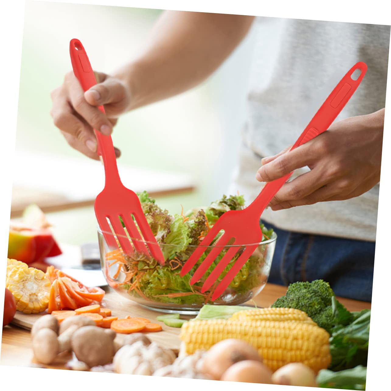 PRETYZOOM 2Pcs Silicone Cooking Fork Ergonomic Large Forks for Convenient Cooking Nonstick and Washable Kitchen Utensils for Serving Pasta Salad and More Pure