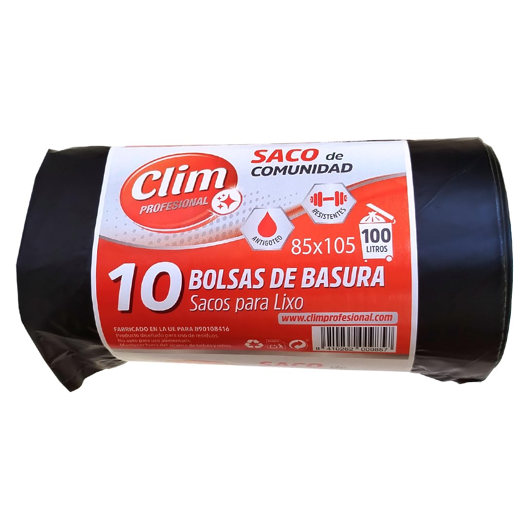 Clim Profesional 40 Bolsas Basura Resistentes 100 Litros. Color Negro. 4 Rollos de 10 bolsas. 40 Sacos de Bolsas de Comunidad 850x1050 mm.