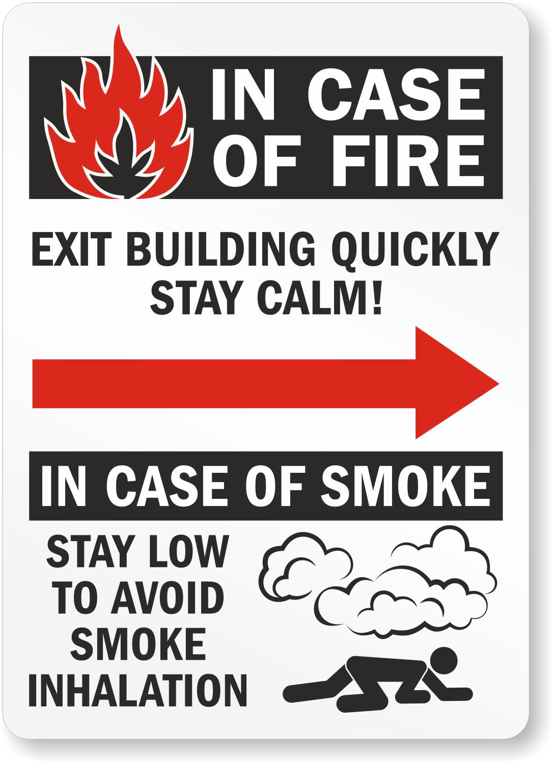 Fire Scene Safe Evacuation Behavior Guide Sign, Smoke Low Posture Escape Prompt Building Safety Notice Plate, 8x12 Inch