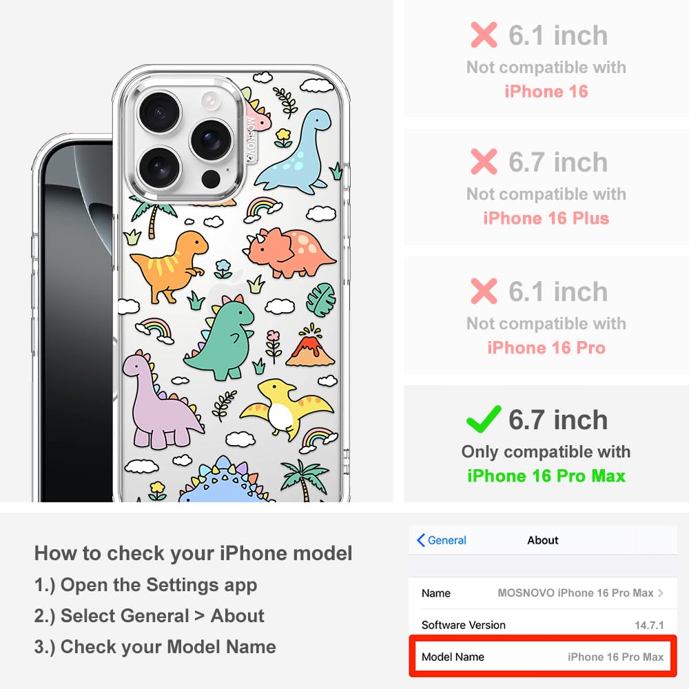 MOSNOVO Case for iPhone 16 Pro Max, [Buffertech 6.6ft Military-Grade Drop Protection] [Anti Peel Off Tech] Clear TPU Bumper Phone Case Cover Design - Dinosaur Land - 2