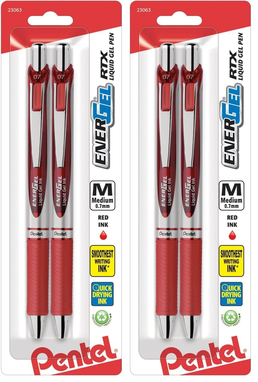 Pentel EnerGel Deluxe RTX Retractable Gel Pen, 0.7mm Medium Tip, Red Ink, 2-Count Pack | Smooth Ink Flow Writing Instrument - main product image