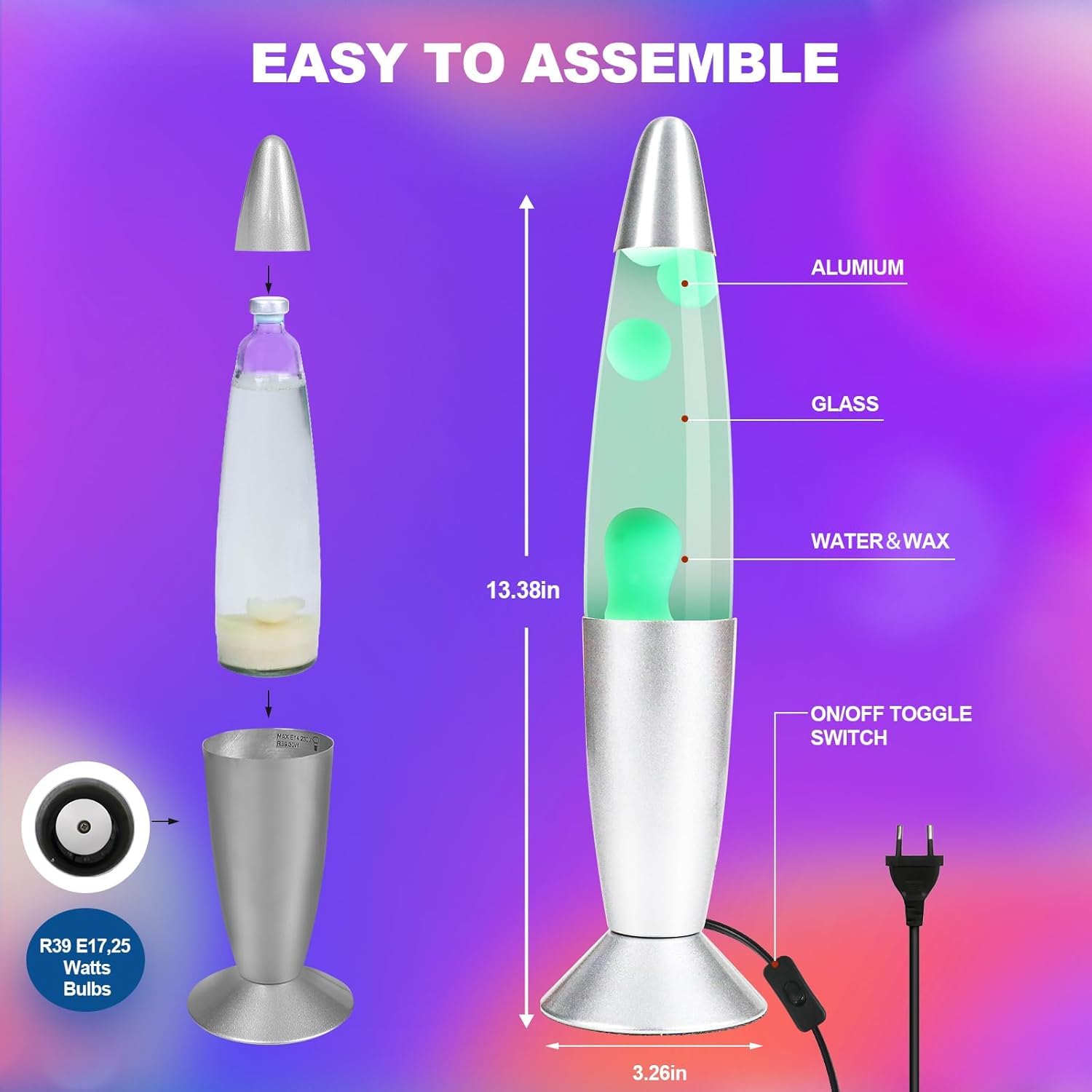 CELLUSTOP Wielokolorowa lampa lawowa LED w kształcie rakiety, wytrzymałe szkło, aluminium, lampka nocna LED, z mechanizmem woskowym, wielokolorowe światło LED, 7 alternatywnych kolorów