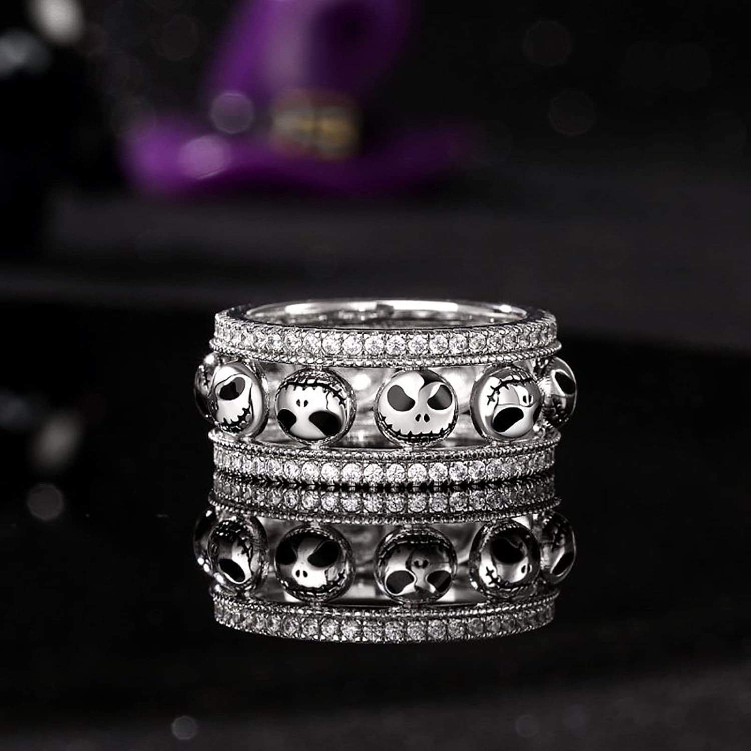 Jeulia 1.76 ct Skull Wedding Band 925 Sterling Silver Diamond Eternity Rings Rose Flower Engagement Rings Anniversary Promise Romantic Jewelry Gift