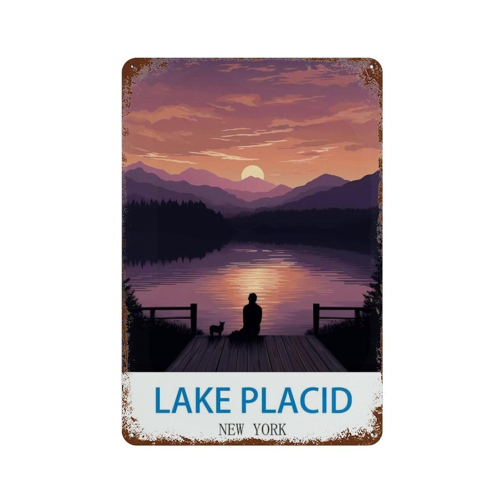 Metal Tin Sign，Lake Placid New York,Sunset，Tin Sign Vintage Bar Kitchen Garage Cave Home Wall Funny Decor Retro Tin Sign(30x40cm）12x16 inch-N64