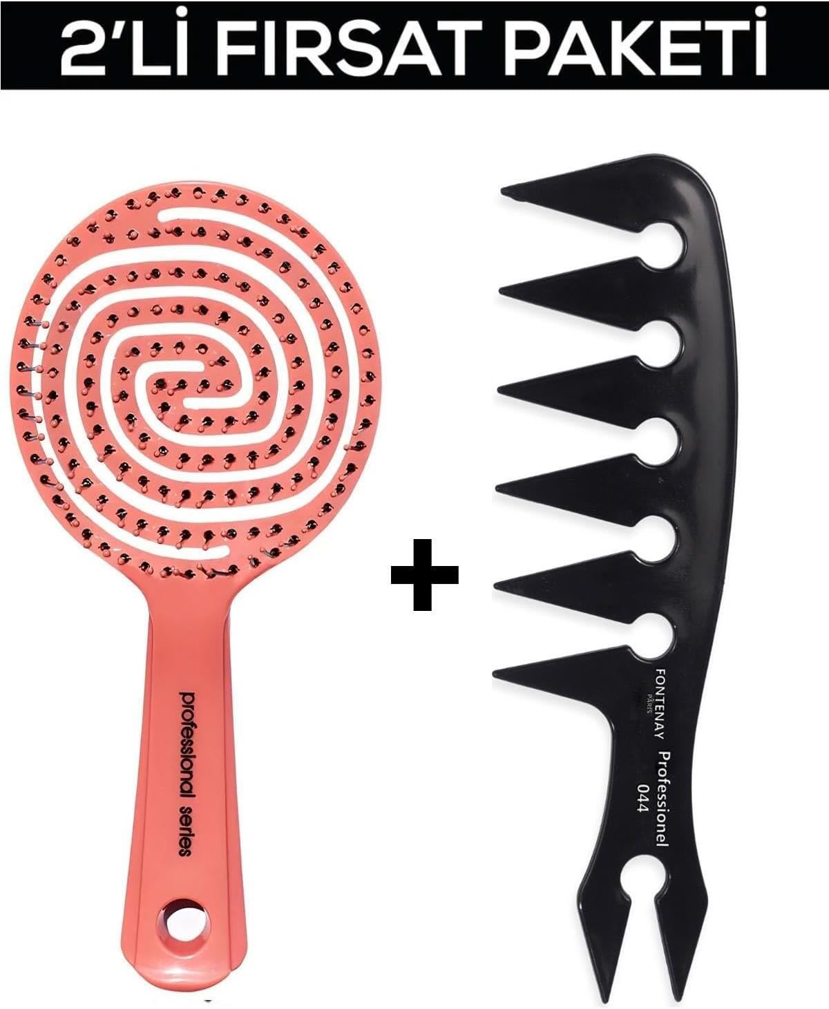 Fontenay Antistatik 044 Geniş Aralıklı Wax Tarağı + 3 Boyutlu Açma Tarama Tarak Saç Fırçası 2'Li Set Pembe