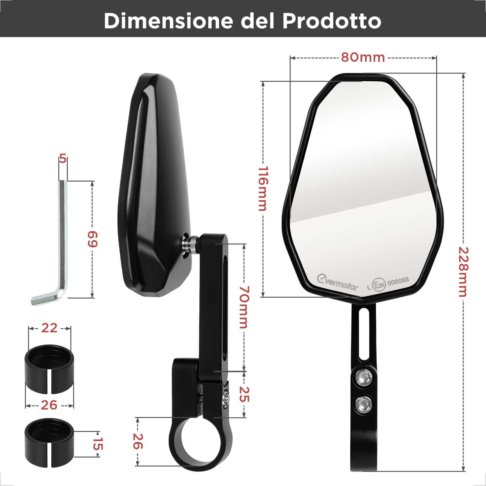 evermotor Specchietti Moto Omologati, E24, 360° Specchietti Moto Manubrio, Montaggio su Manubrio Ø22mm e Ø25,4mm, Universale, 2 pezzi