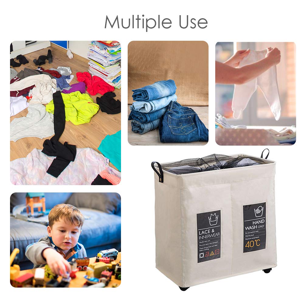 Cesto portabiancheria sottile a 2 scomparti con ruote universali e manico pieghevole in tessuto Oxford cesto portabiancheria in rete con coulisse per vestiti sporchi r con 4 aste di supporto, 6 carte