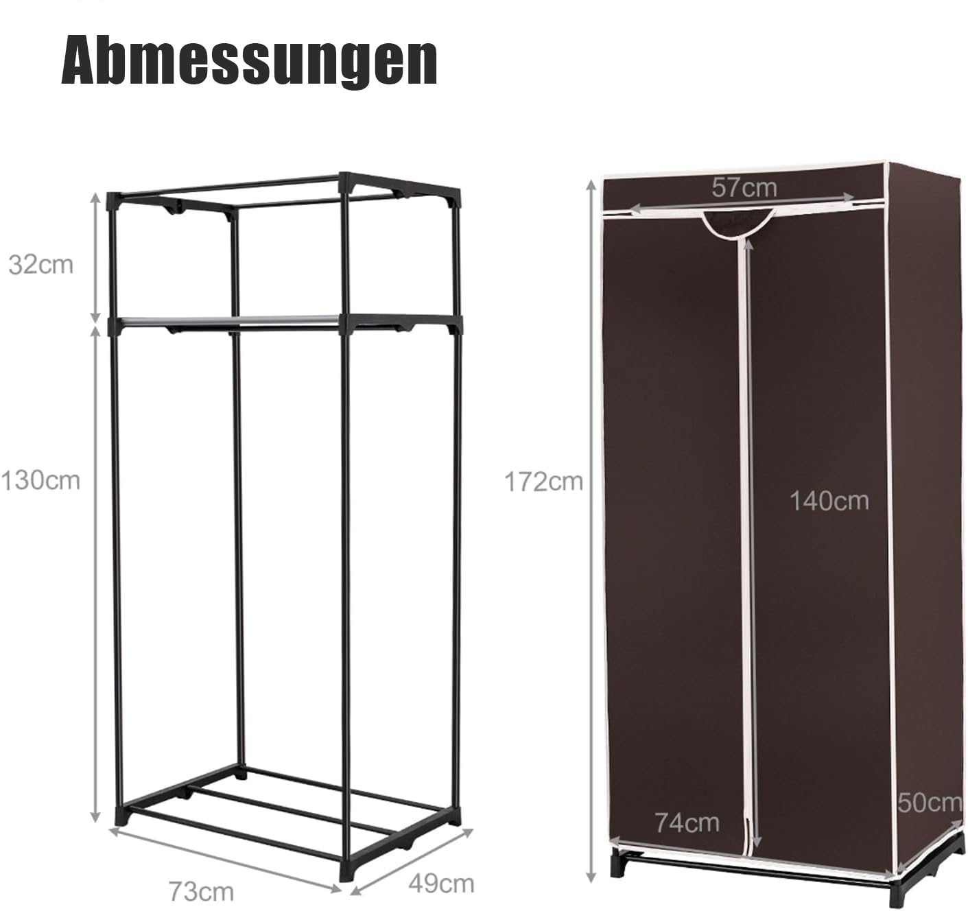 SOARS Kleiderschrank, Stoffschrank mit Kleiderstange stabil & Ablage, Kleiderschrank Stoff mit Metallgestell, Faltschrank 74 x 50 x 172 cm, für Schlafzimmer, Ankleidezimmer (Braun)