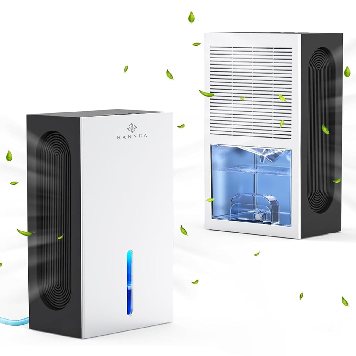 HANNEA® Dehumidifier for Room Moisture Control Dehumidifier for Bedroom Closet Cloakroom or Small Spaces up to 500 sq ft Daily Extraction 0.6-1.1L with 2.4L Water Tank 2 Modes and Drainage Hose