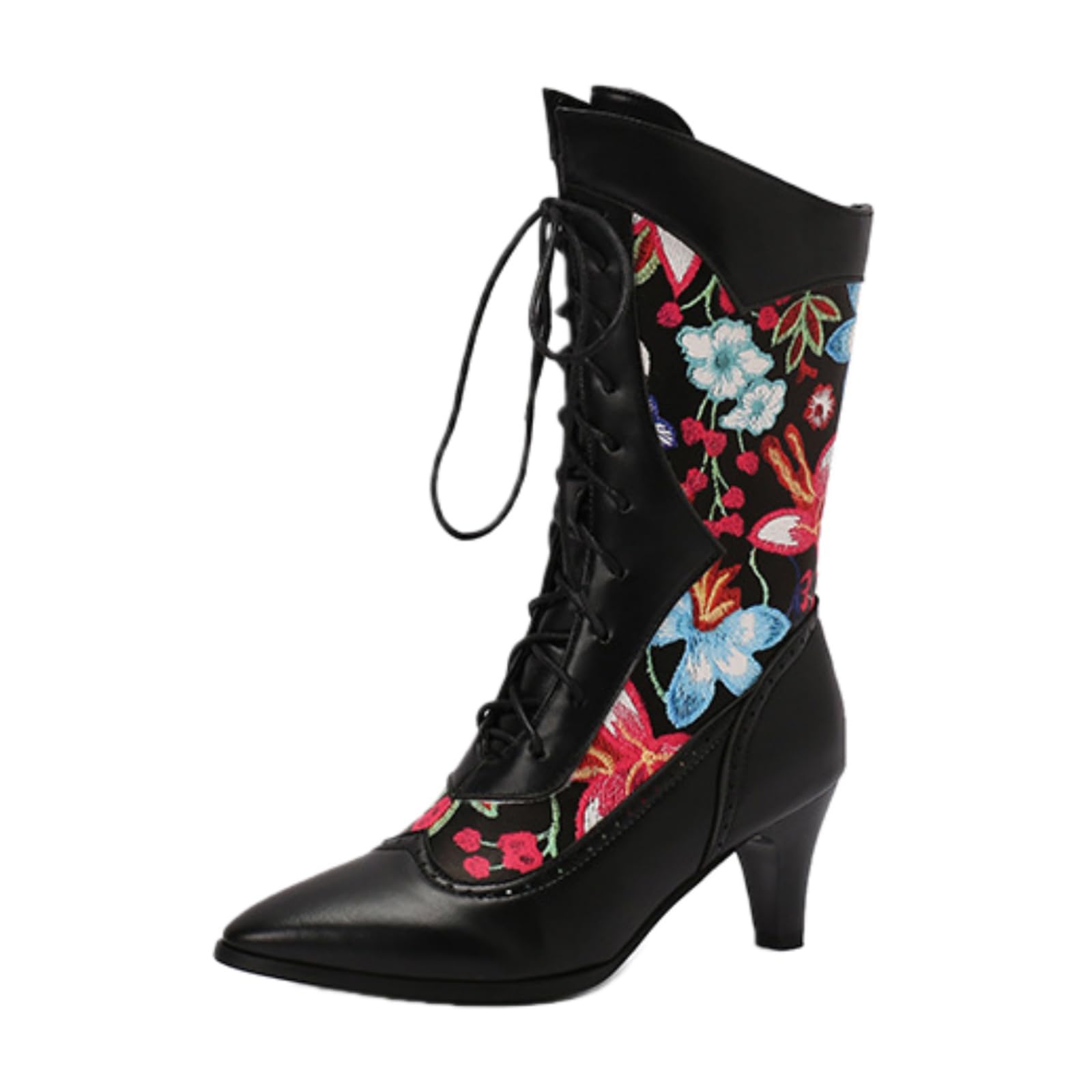 Cowboy Boots for Women Lace Up Chunky Heel Fashion Pointed Toe Western Cowgirl Boots Embroidery Flower Ethnic Vintage