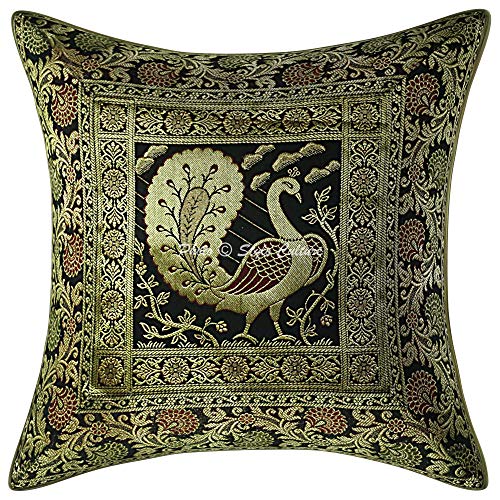Image of Decorative Brocade Cushion Covers 16 Inch x 16 Inch Banarasi Jacquard Black & Gold Peacock Drawing Room Decor Traditional Square 40x40 cm Zippered Sofa Settee Pillowcases -Set of 5 Pcs