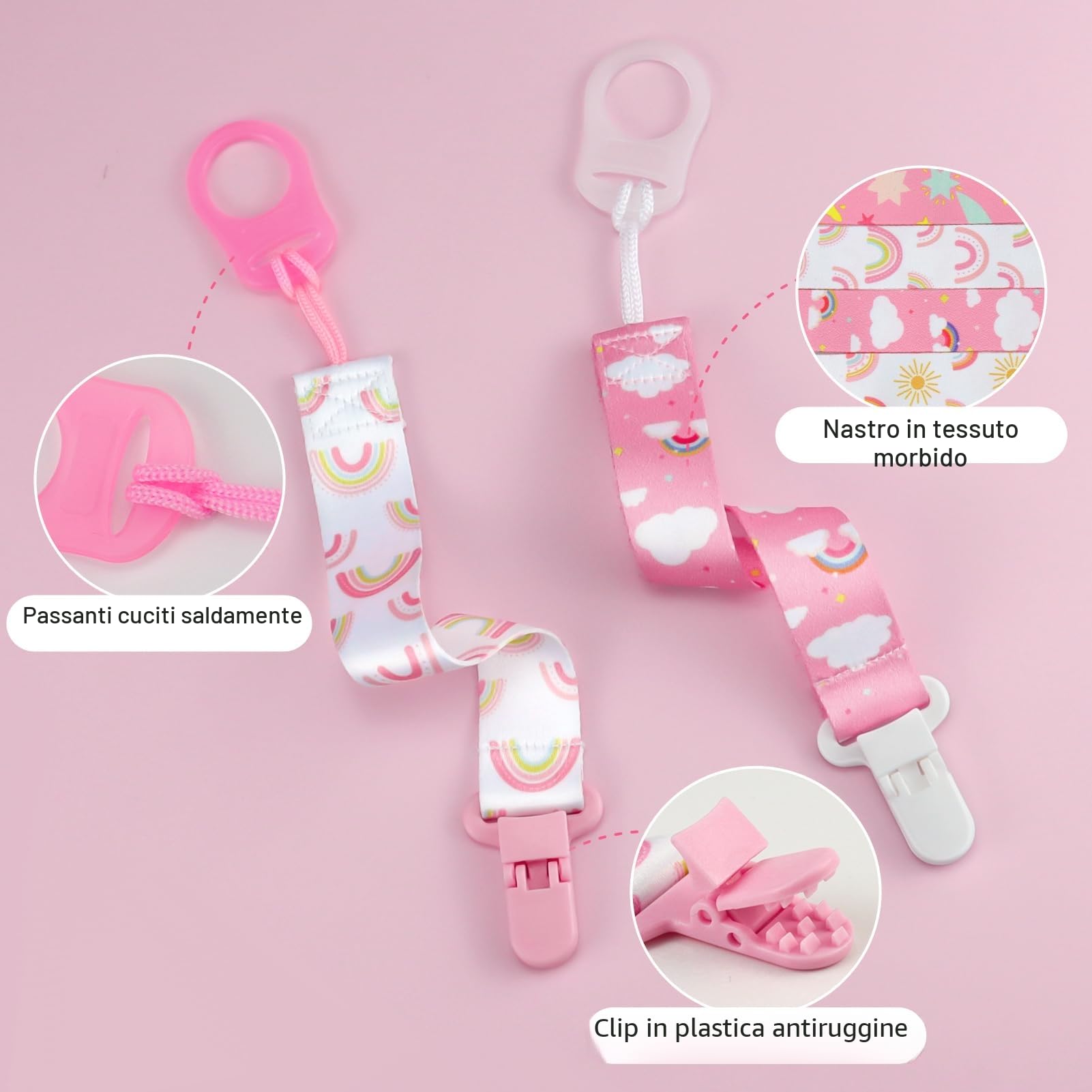 4 Pezzi Ciuccio Catena per Bambini, Catenella Porta Ciuccio con 4 Pezzi Ciuccio Clip Adattatore per Neonato per Nascita Battesimo Baby Compleanno Natale Regalo (rosa)