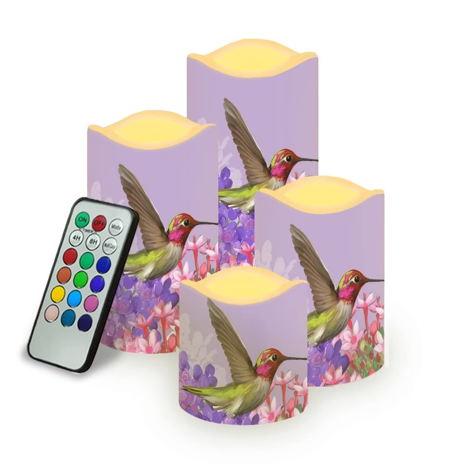 Suhoaziia Floral Hummingbird LED Candles Flameless Flickering Battery Operated with Remote Multicolor Changing & Timer for Home Decorations 4 Pcs