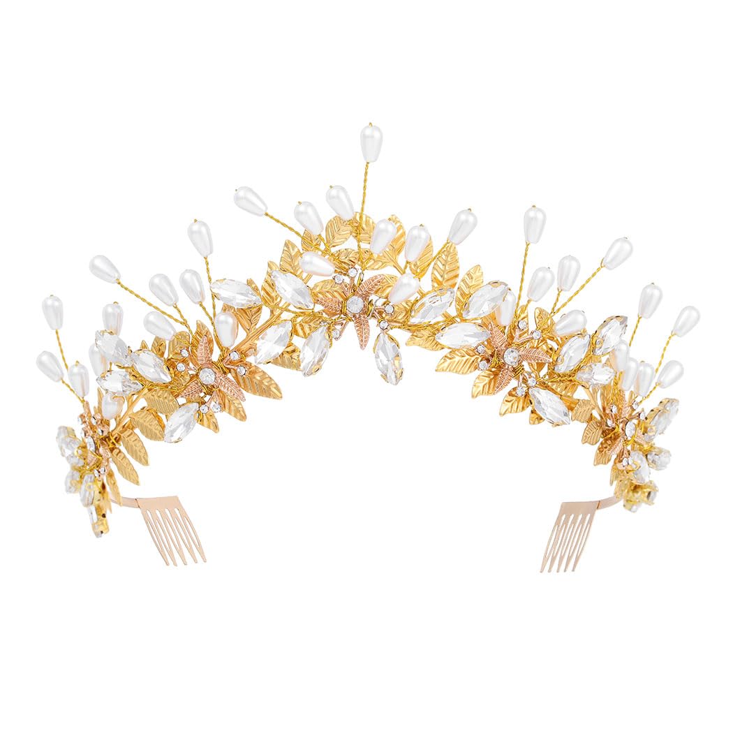 IYOU Boda Nupcial Diadema Corona Oro Hoja Diademas Tiara Perla Cristal Dama de Honor Novia Accesorios para el Cabello para Mujeres