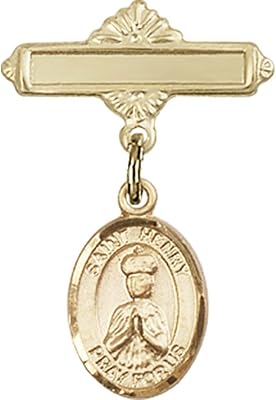 Gold Filled Baby Badge with St. Henry II Charm and Polished Badge Pin 1 X 5/8 inches