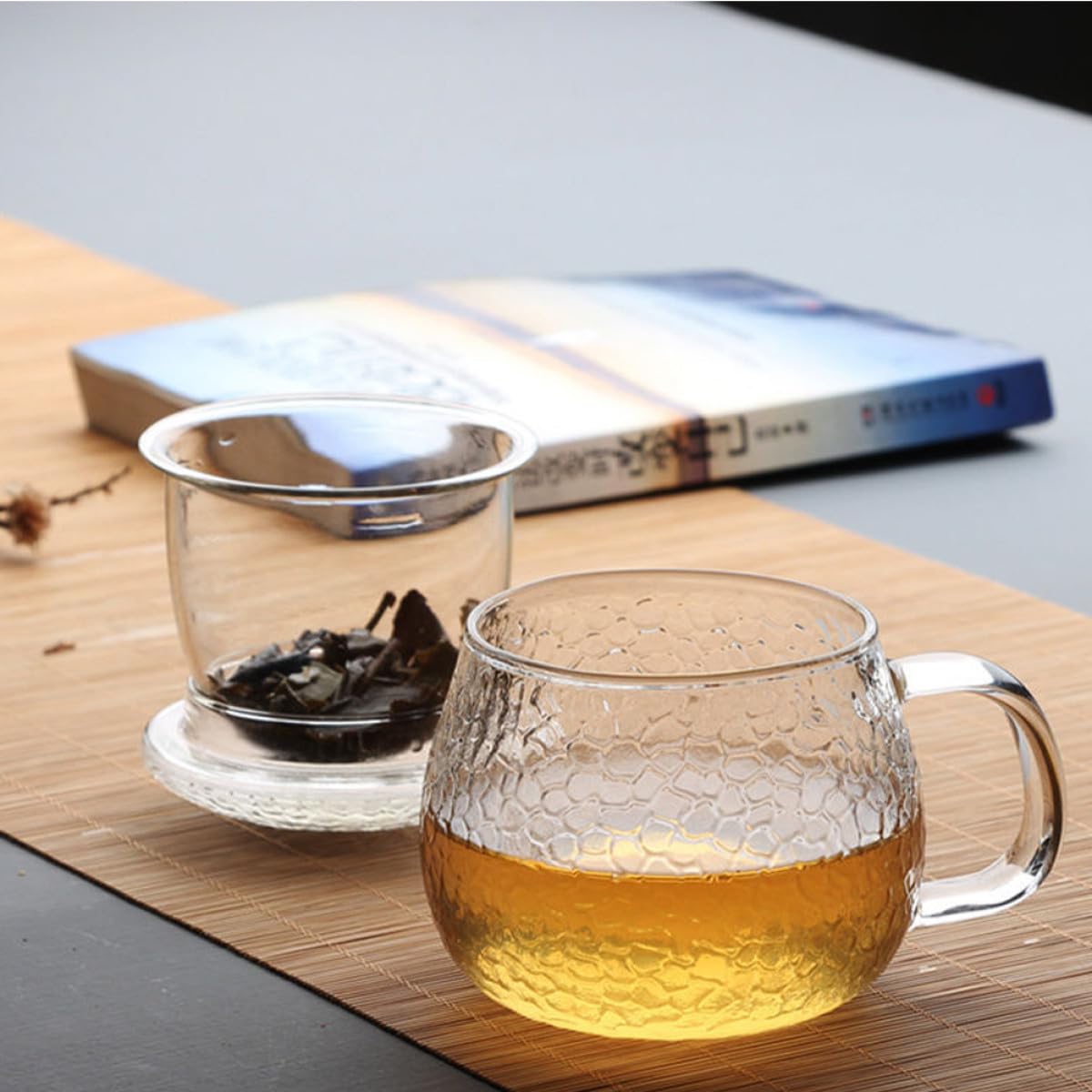 TOYANDONA Taza de Té Gruesa de Vidrio con Diseño Martillado Set de 3 Piezas con Infusor y Tapa Taza con Asa para Oficina y Hogar Filtro para Té Suelto Multiusos 350 Ml