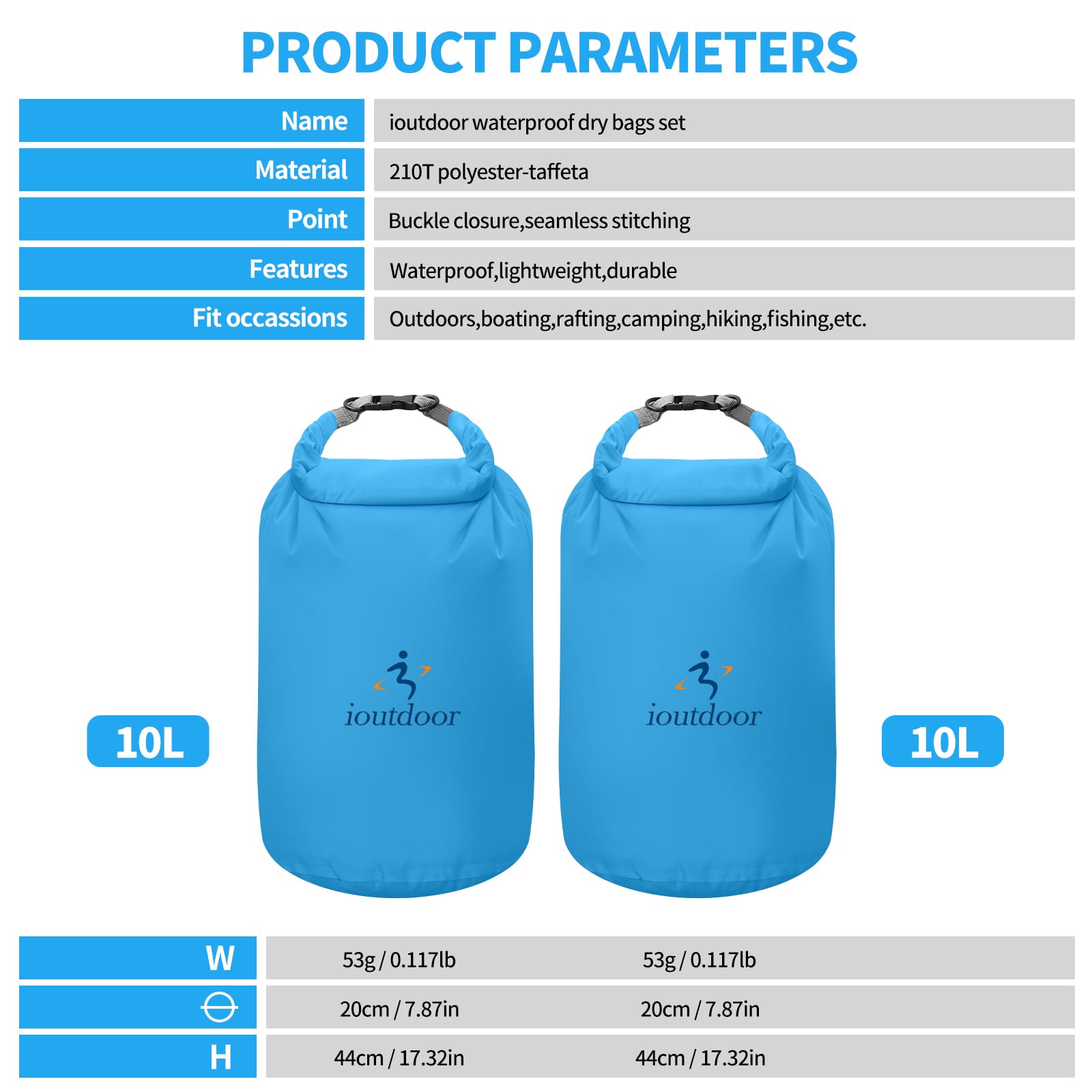 Set di borse asciutte, 2L/5L/10L/20L, impermeabili, leggere, impermeabili, per canoa, rafting, escursionismo, campeggio, viaggi, pesca, barca, Blu, 10L+10L, Dry Bag