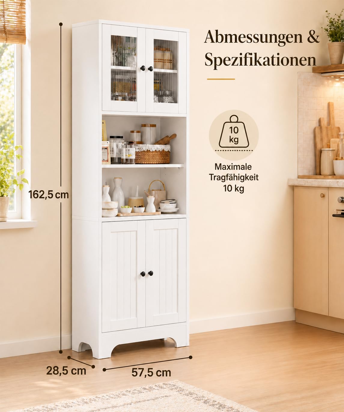 Yorbay Küchenschrank Weiß mit 6 Fächern: 162 cm Hochschrank mit 4 Türen