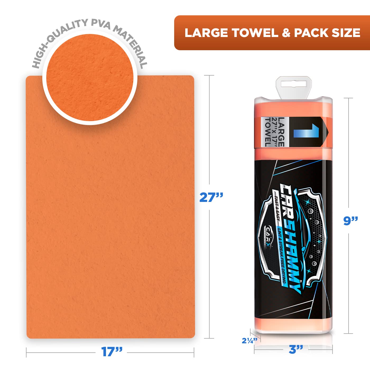 CarX Toalla Shammy para coche, 27 x 17 pulgadas, súper absorbente y sin arañazos, paño de gamuza para coche (naranja)