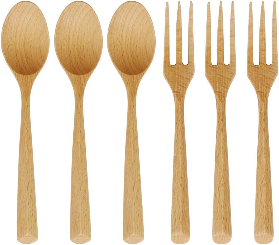 Wooden Forks and Spoons Set, ADLORYEA 6 Piece Natural Wooden Utensils for Eating, 7.5 Inch Handmade Korean Wood Spoon for Pasta, Dinner, Tea, Salad Desserts, Chips, Snacks, Cereal, Fruit