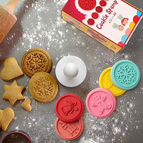 FANGSUN Christmas Cookie Stamps Sets, 6 Silicone Stamps, 1 Stainless Steel Round Cookie Cutter, 1 Plastic Cookie Press (Multi)