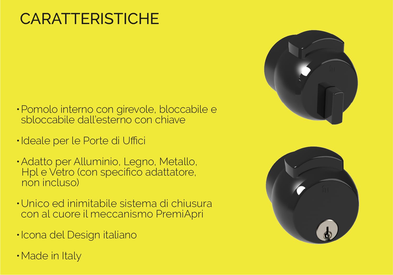MERONI SERRATURE Serratura Pomolo per Porta - Serratura di Sicurezza con Pomolo PremiApri, Ideale per Porte di Uffici in Legno Metallo Alluminio Vetro, Con Chiave, Made in Italy