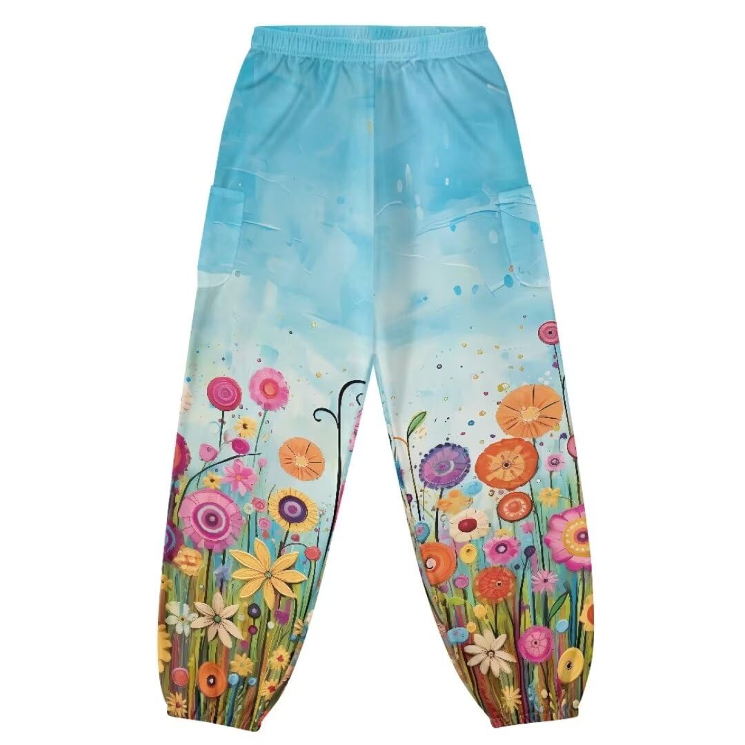 Youngerbaby Colorful Flower Print Harem Pants Cozy Yoga Trousers Casual Dance Sky Blue Sweatpants Yoga Pants with Pockets