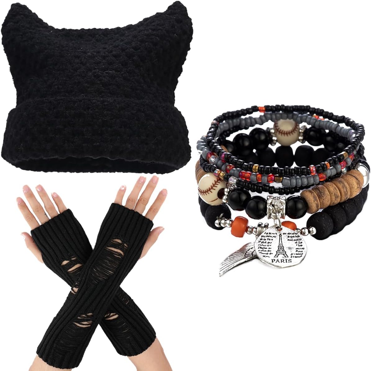 Therian Gear Y2K Clothes,Grunge Clothing - Emo Beanie, Fingerless Gloves,Five Fairycore Bracelets