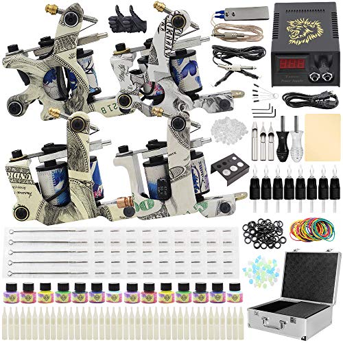 Complete Tattoo Machine Kit - Yuelong 4 Tattoo Machine Guns Tattoo Kit with Tattoo Power Supply Tattoo Needles Tattoo ink cups Tattoo Tips Tattoo Accessories for Tattoo Supplies