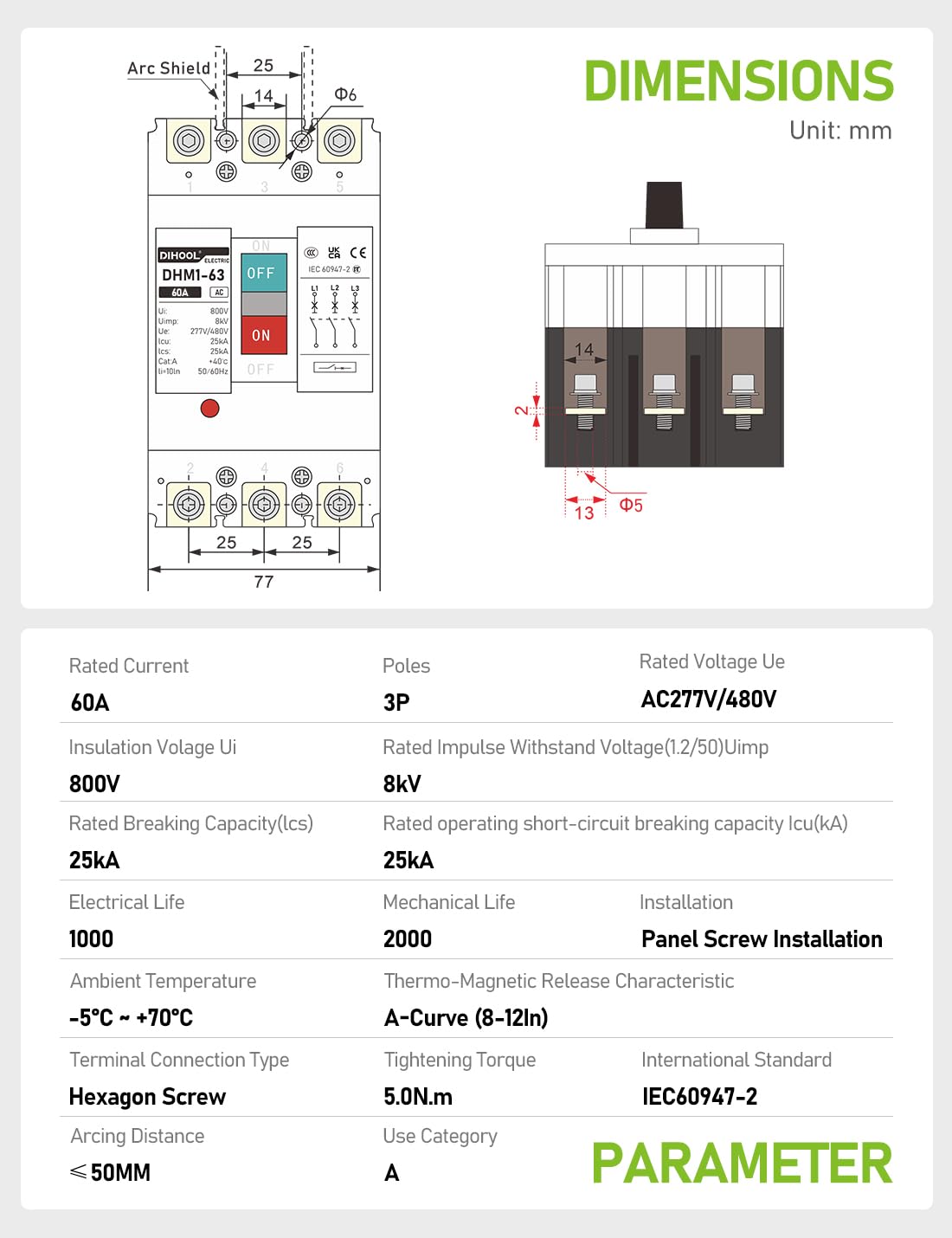 DIHOOL Industrial Miniature Circuit Breaker 3 Pole 60 Amp 277/480V AC, Thermal Magnetic Trip,AC Disconnect Switch MCB — Amazon image 2