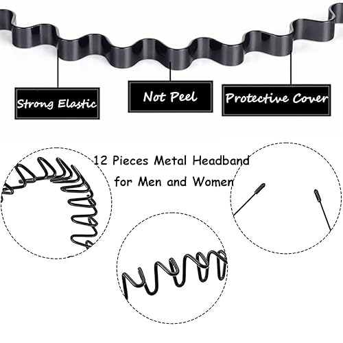 Miniatura 5 de BOYIVI 12 diademas de metal para hombres y mujeres, unisex, ajustables, negras, onduladas, antideslizantes, para primavera y verano, para el hogar,