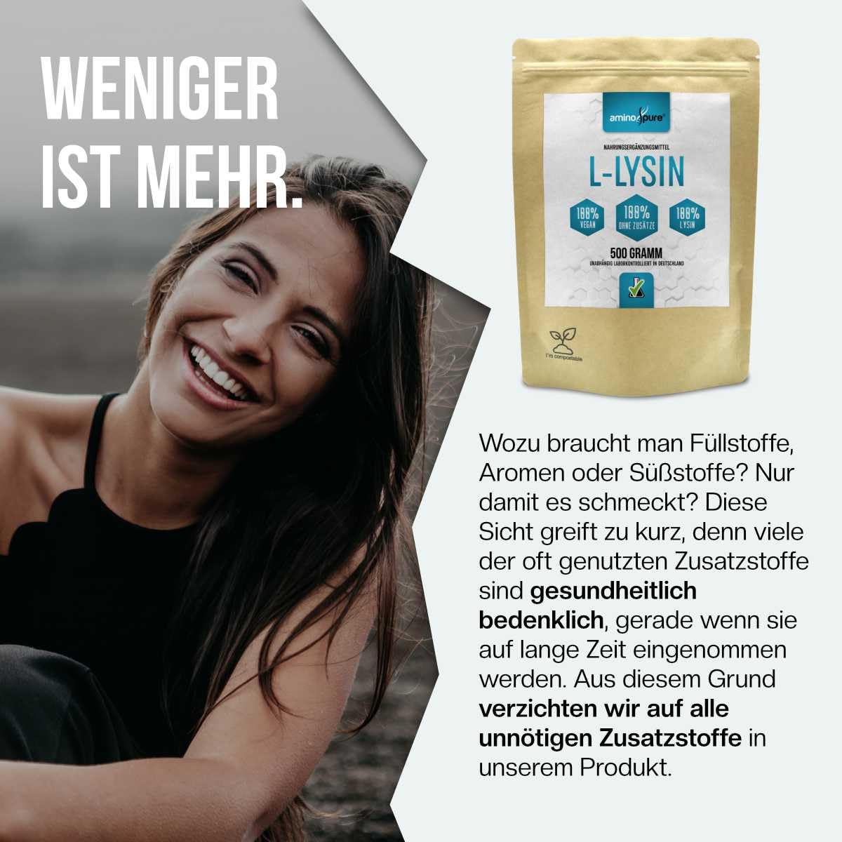 Poudre de lysine pure | L-lysine pure sans additifs | 250 portions (2 grammes par jour) | 100 % végétalien et testé en laboratoire avec certificat | 500 g