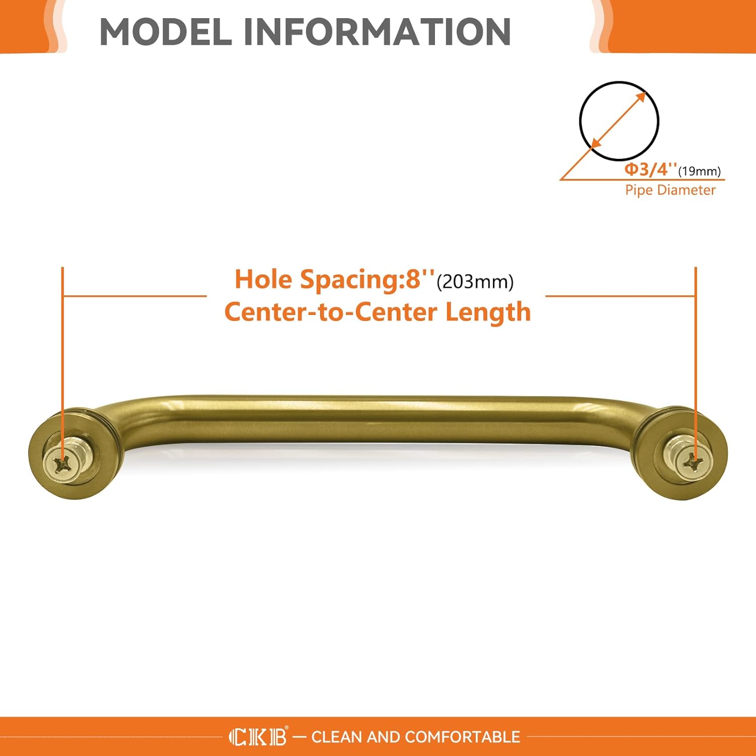 CKB 8" Shower Door Handle. Double Side Shower Door Pull Compatible with 1/4" to 1/2" Glass Thickness. 304 Stainless Steel Glass Door Handle with Brusheld Gold