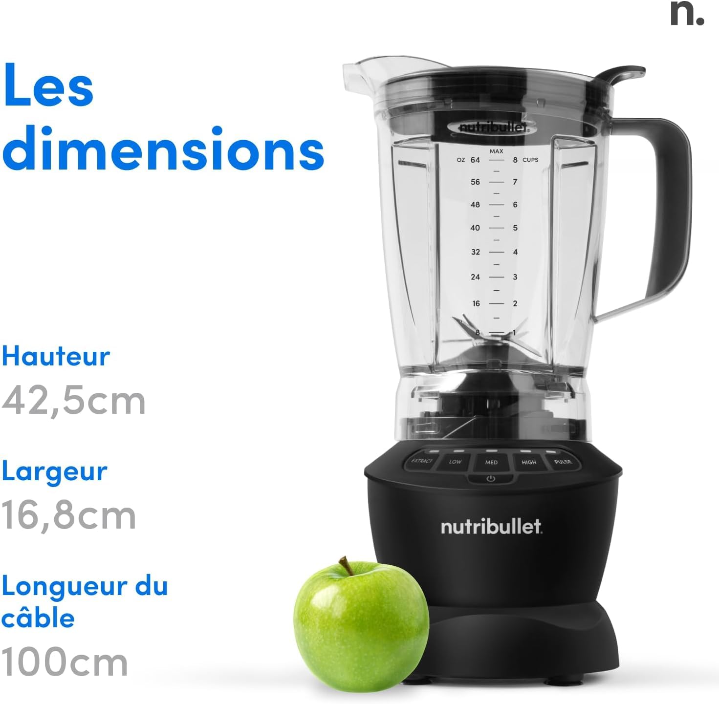 Nutribullet Full Size Blender Combo, mixeur électrique, broyeur multifonctionnel, professionnel, puissance 1200 Watt, carafe 1,9l, verres 946ml et 710ml, noir, NBF500MB