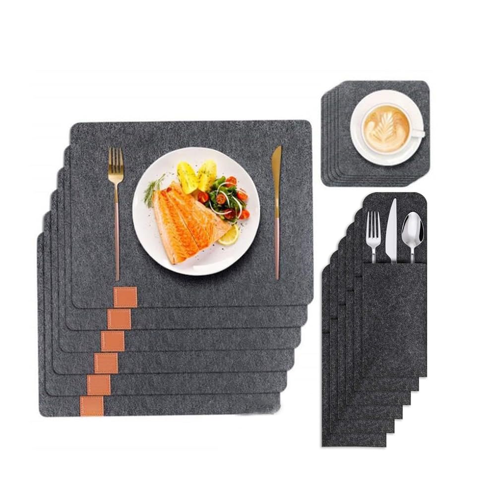 YANGHX Felt Placemats Coasters Cutlery Set, 6 Placemats, 6 Coasters, and 6 Cutlery Bags Non-Slip Table Place Mats Heat-Resistant Washable Table Mats Set For Home and Restaurant (Deep Grey)
