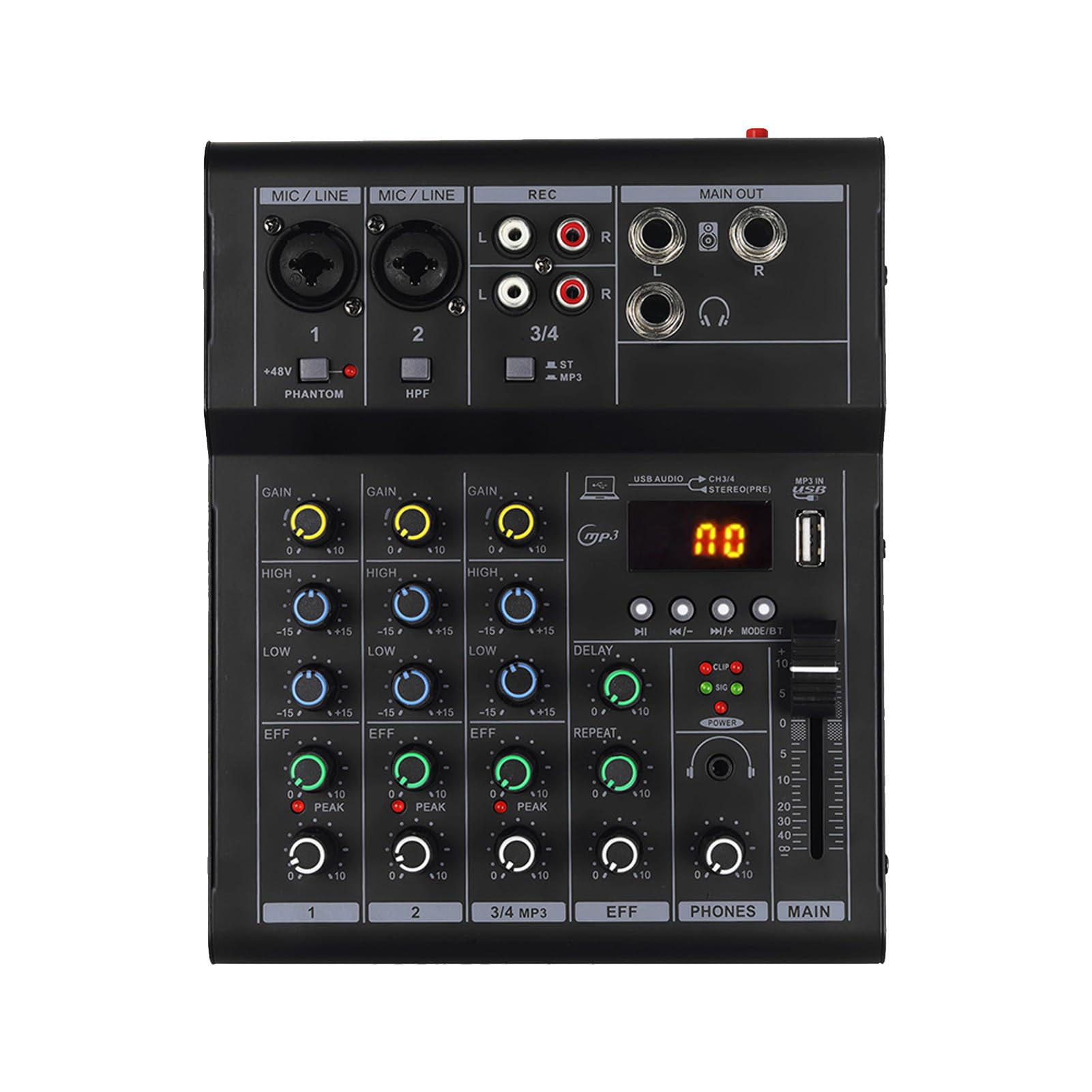 4-Kanal-Mini-Audio-Mixer, BT MP3 USB 48 V Phantomspeisungs-Mixer, Integrierter Gitarrenverstärker- mit DJ-Mischbrett-Design, Ideal für Mikrofone, Gitarren, Keyboards und Studioaufnahmen